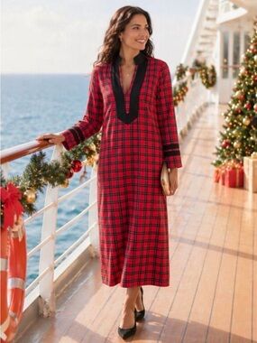 Sail to Sable Sailor Cotton Tartan Red Plaid Midi Dress Black Trim Caftan M NWT